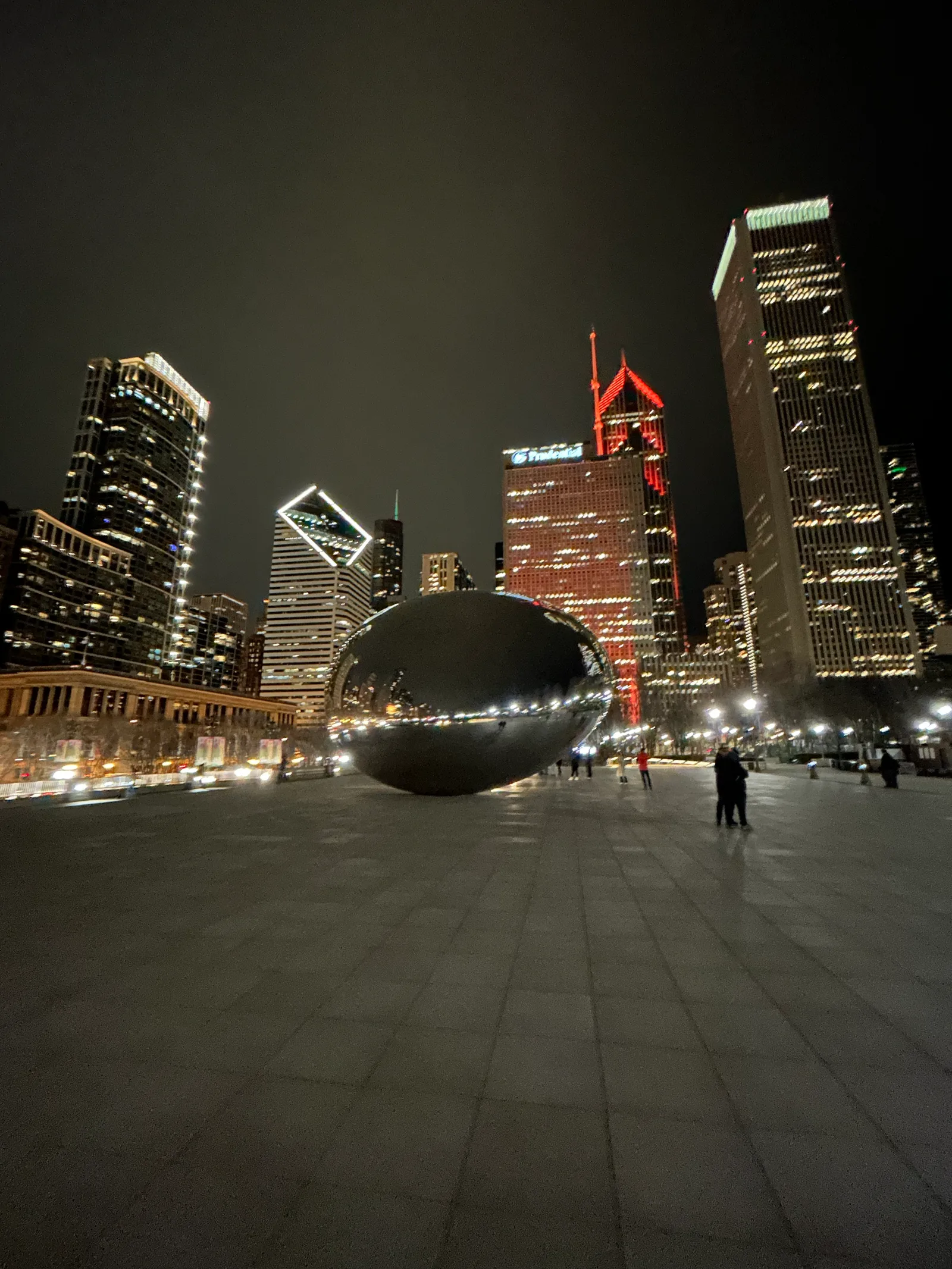 Cloud Gate and the Chicago skyline after dark.