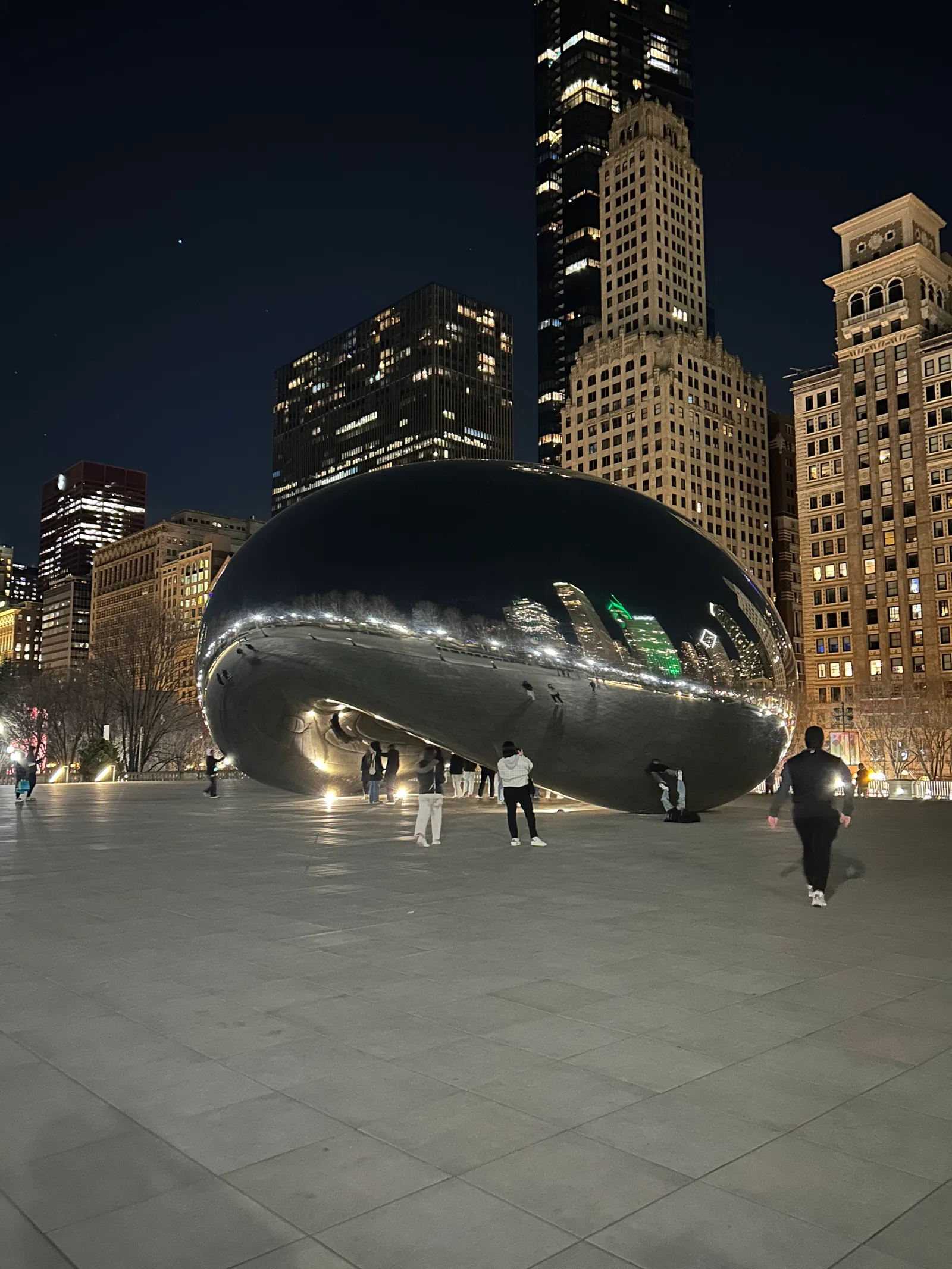 Visitors reflected across Cloud Gate at night.